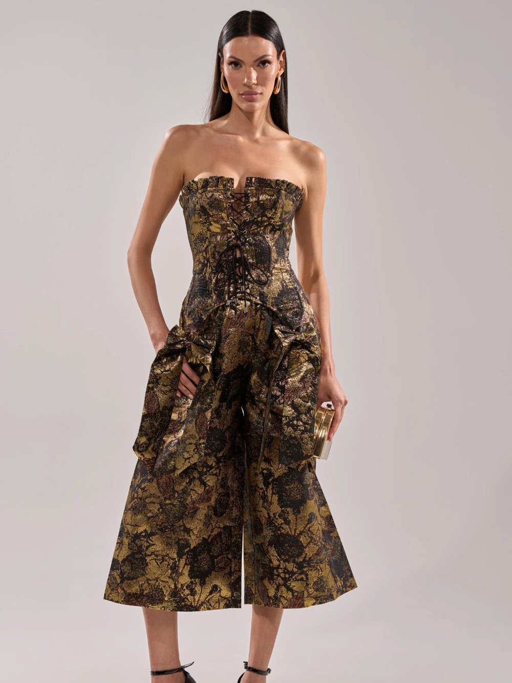 Strapless Brocade corset Corset Top And Wide-Leg Capri Set in Metallic